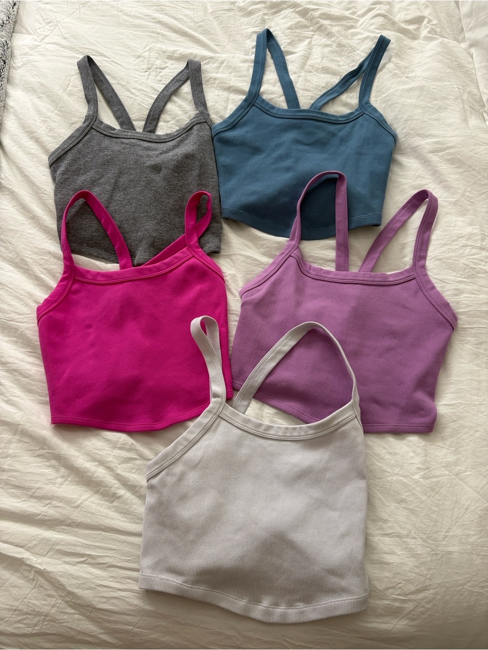 5-Pack Ribbed Tank Crop Tops in Gray, Teal, Fuchsia, Lavender, and White